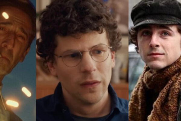 da sinistra Adrien Brody (The Brutalist), Jesse Eisenberg ('A real Pain') e Timthée Chalamet in 'A complete unkown'